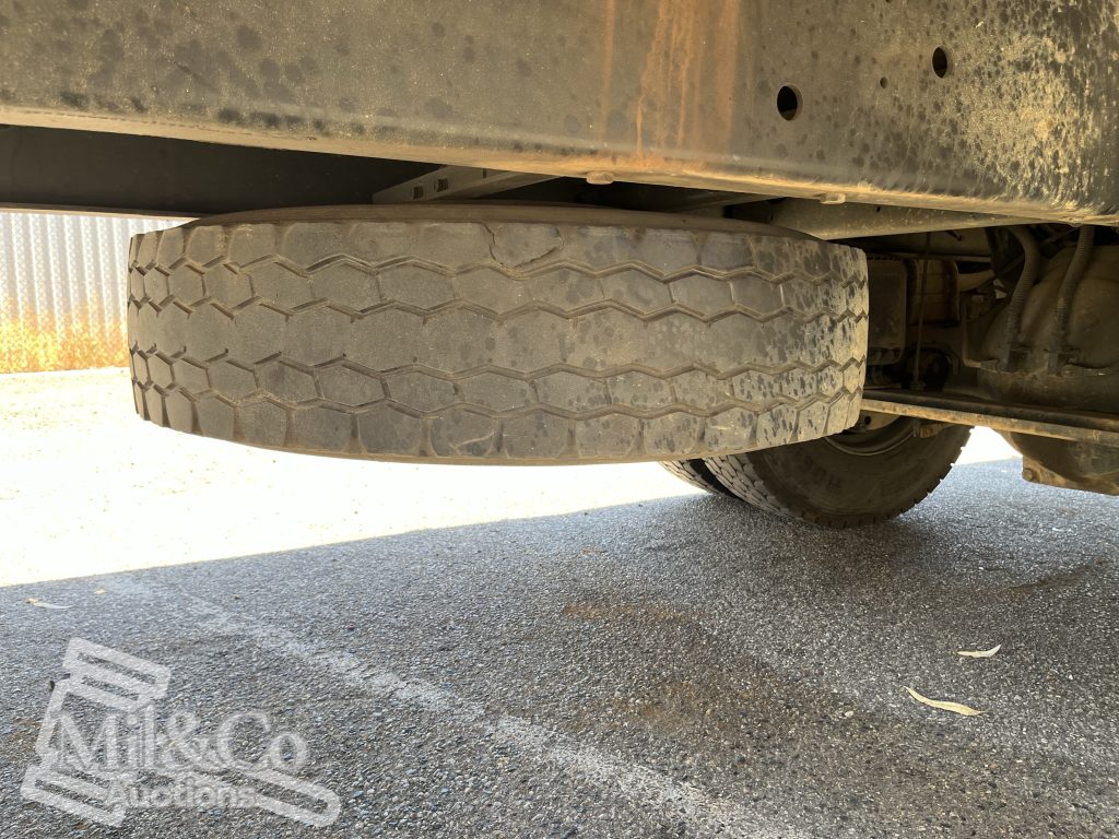 2005 Hino Ranger Tray Back Truck with Crane spare tyre mounted under tray