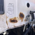 2005 Hino Ranger Tray Back Truck with Crane rust showing on rear of cab