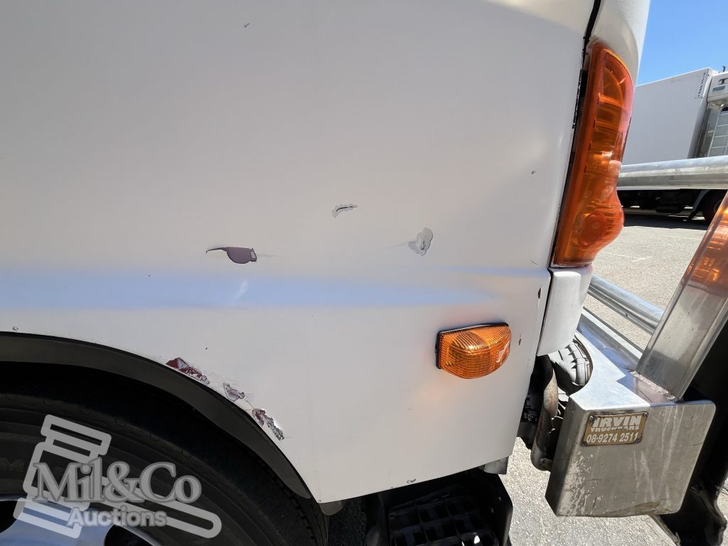 2005 Hino Ranger Tray Back Truck with Crane drivers door damage
