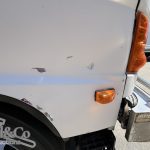 2005 Hino Ranger Tray Back Truck with Crane drivers door damage