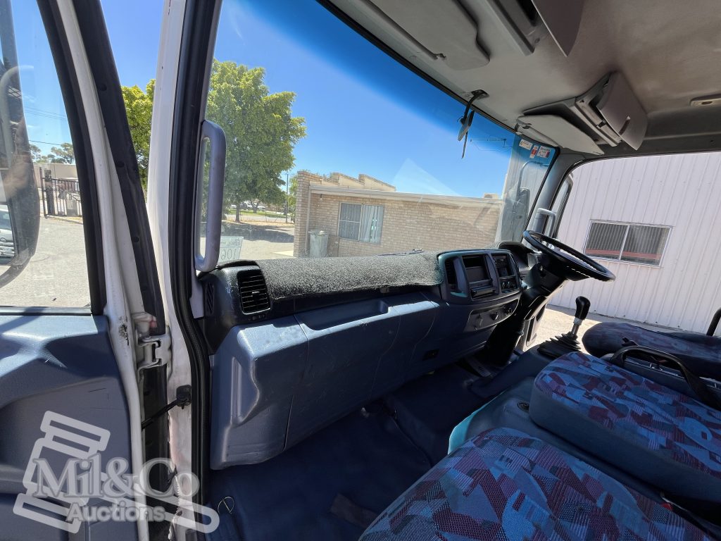 2005 Hino Ranger Tray Back Truck with Crane interior dash from passenger side