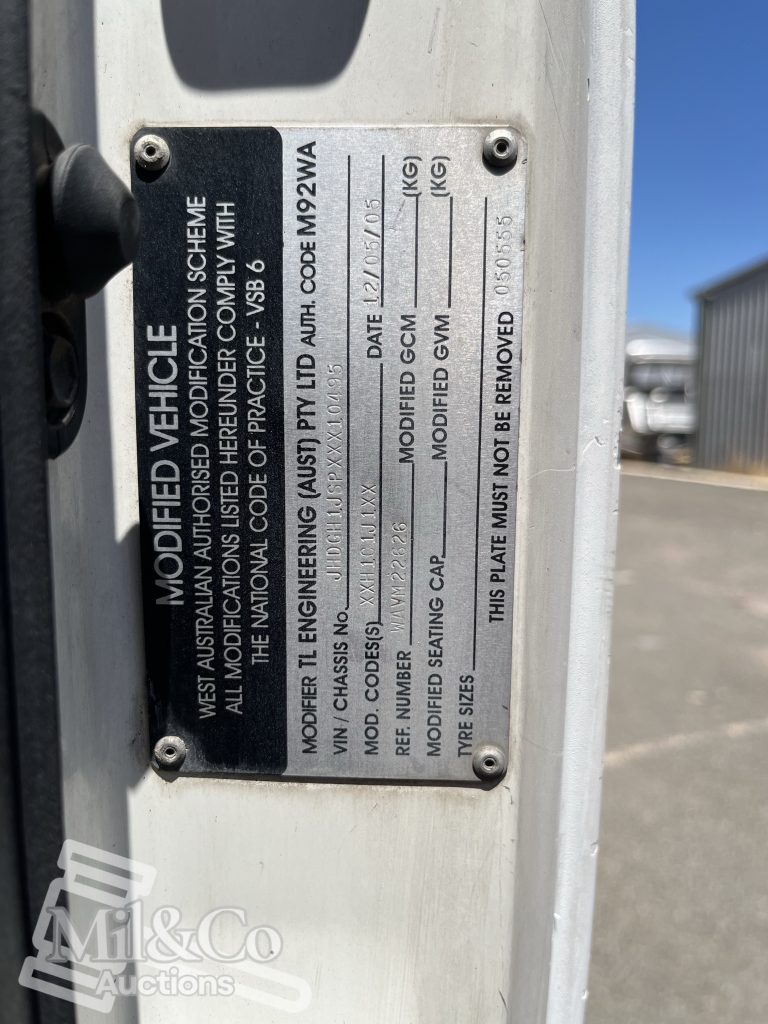 2005 Hino Ranger Tray Back Truck with Crane vehicle modification plate