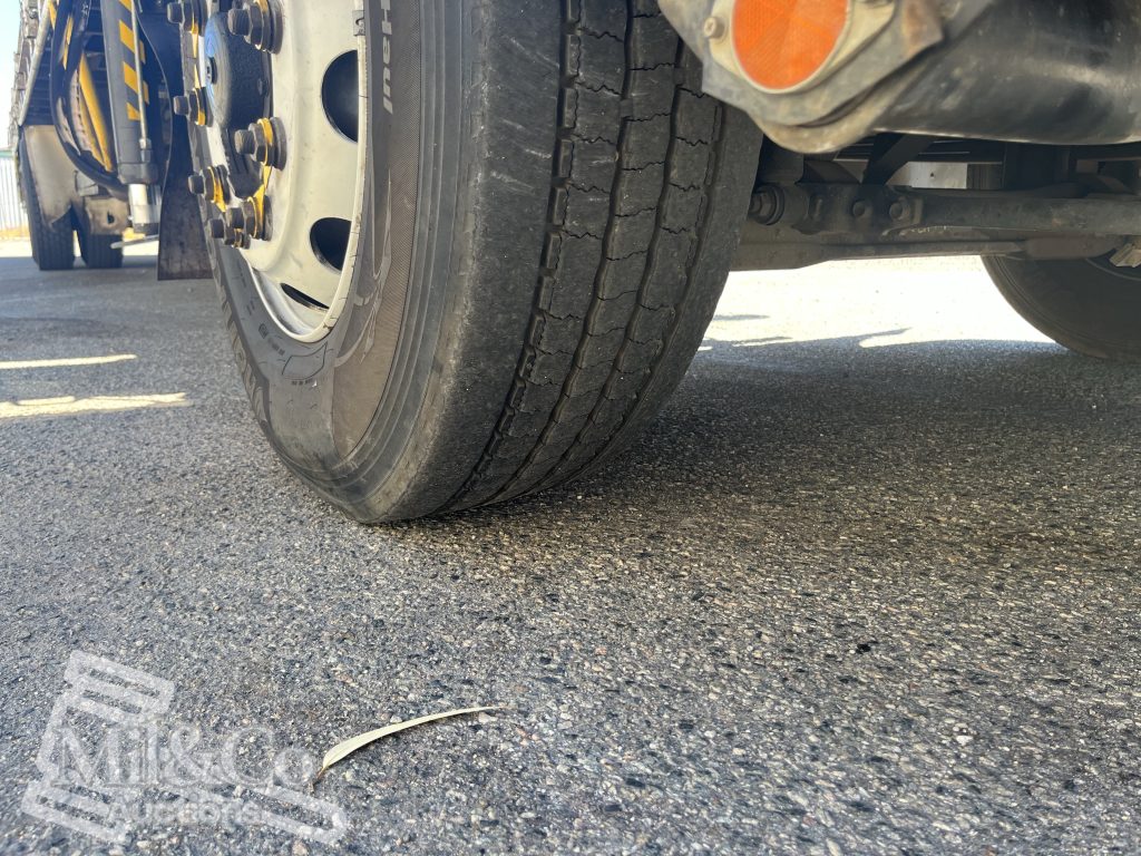 2012 Isuzu FVZ 1000 Tray Back Truck with Hiab drivers steer tyre tread