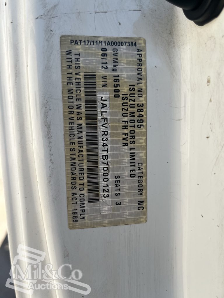 2012 Isuzu FVZ 1000 Tray Back Truck with Hiab identification plate