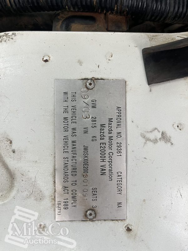 2003 Mazda E2000H Camper Van vehicle identification plate