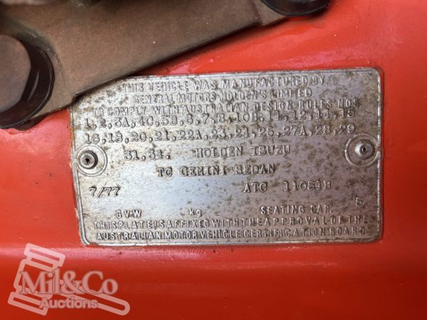 1977 Holden Gemini SL Sedan vehicle identification plate